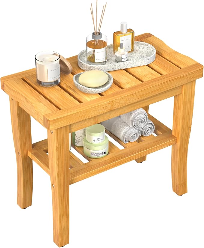 Bamboo Shower Bench Stool with Storage Shelf Waterproof Shower Chair Spa Bath - Image 9