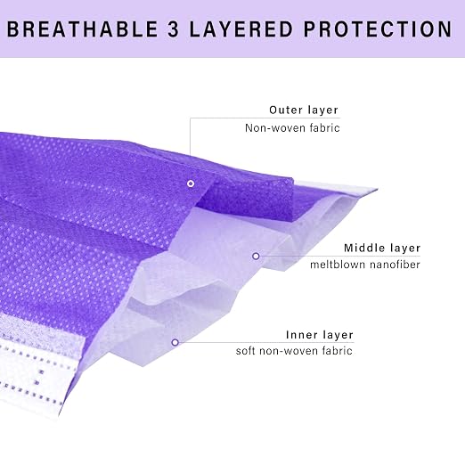 Borje Purple Disposable Face Mask 100 Pcs Purple Face Masks 3 Ply Protection - Image 2