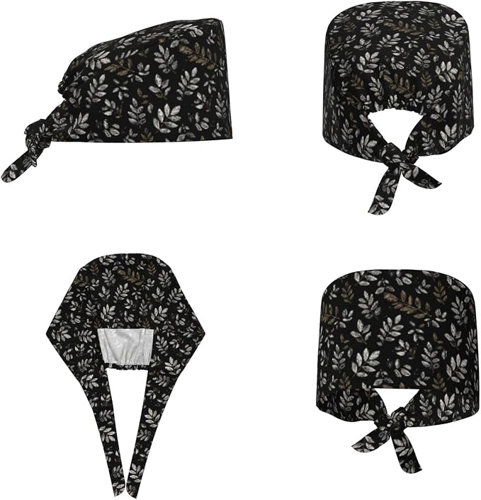 Scrub Cap for Women and Men Boho Black Leaf Pattern Adjustable Breathable - Image 2