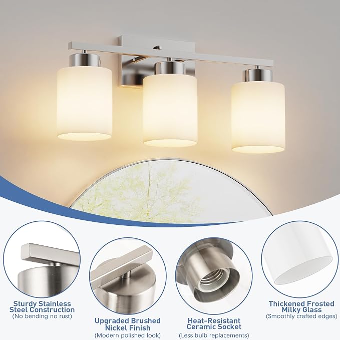 PARTPHONER 3-Light Brushed Nickel Bathroom Light Fixtures, Modern Vanity Light - Image 3