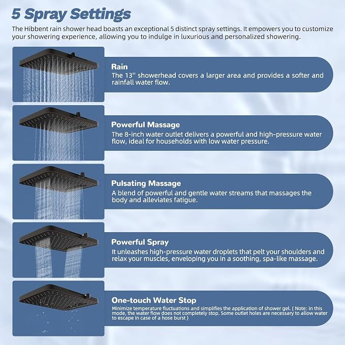 Hibbent 13'' cUPC Certified Shower Head Combo, High Pressure 5-spray Rainfall - Image 2