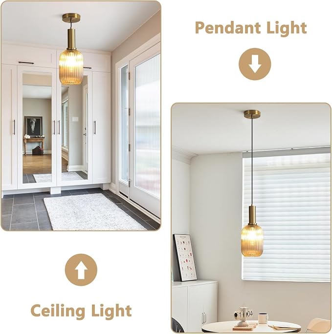KCO Lighting 1-Light Amber Glass Ceiling Light Fixture Vintage Striped Glass - Image 3