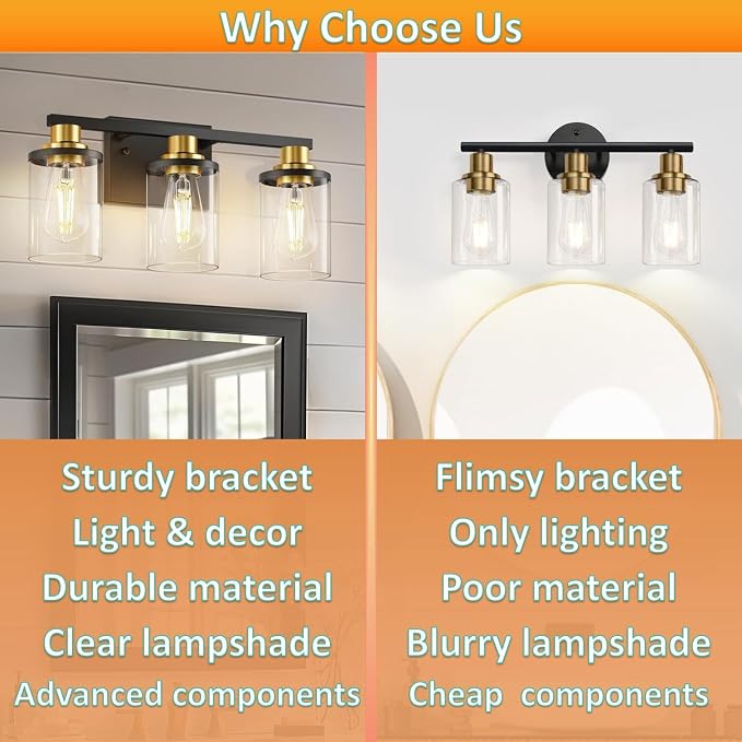 L LOHAS LED 3-Light Black and Gold Bathroom Light Fixtures, 20 Inch Modern - Image 2