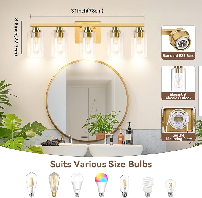VerRon 5-Light Gold Bathroom Light Fixtures, Brushed Gold Wall Light Fixture - Image 8