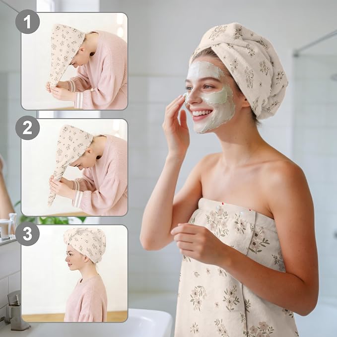 Absorbent Bath Towel Wrap Set for Women, Small Flower Print Towel Wrap After - Image 6