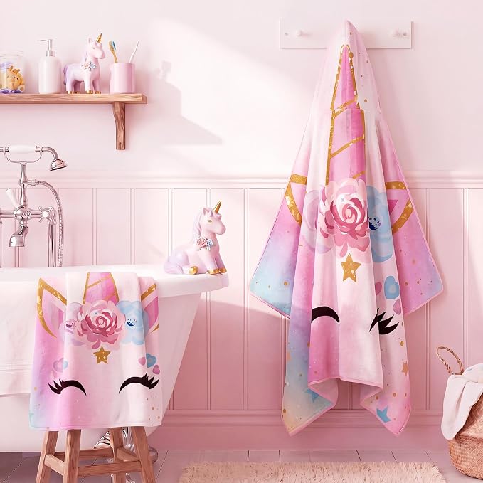 Peryiter 1 Pcs Unicorn Hooded Bath and Beach Towel 100% Cotton Pool Towels - Image 2