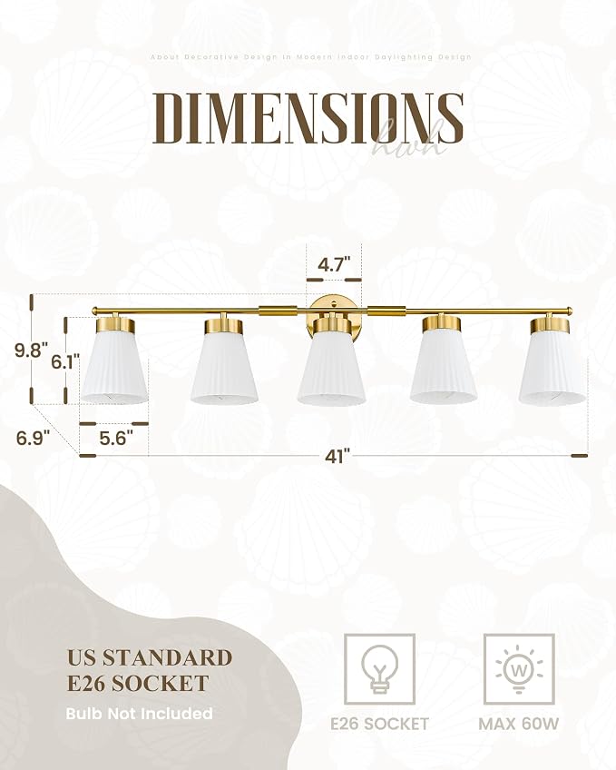 Bathroom Light Fixture, HWH 5-Light Bathroom Vanity Light Brushed Gold Vanity - Image 2