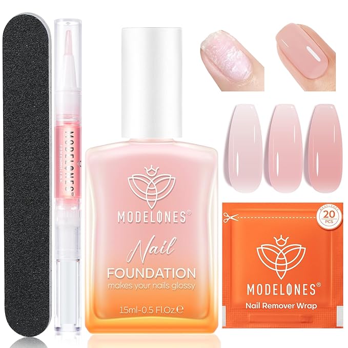 Modelones Nail Strengthener Kits Grey Pink Nail Polish Remover Pads Cuticle Oil by MODELONES