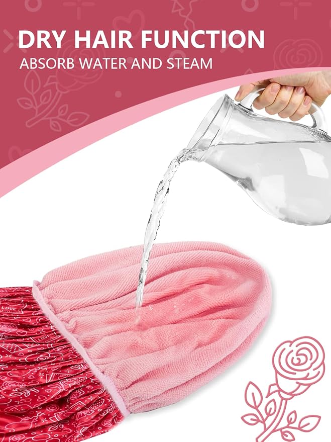 Years calm Terry Lined Shower Cap, Triple Layer Heart Motifs, Waterproof - Image 5