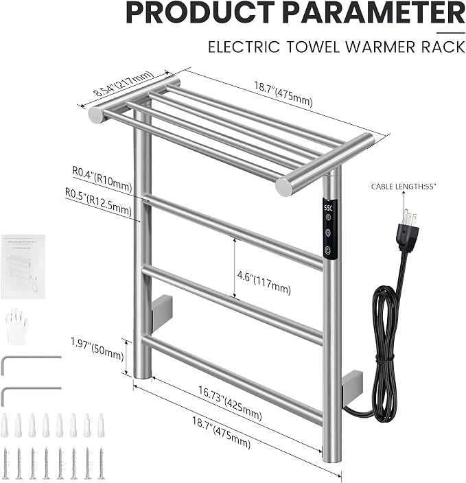 Towel Warmer Wall Mounted with 3 Electric Stainless Steel Heated Bars, Hot - Image 4