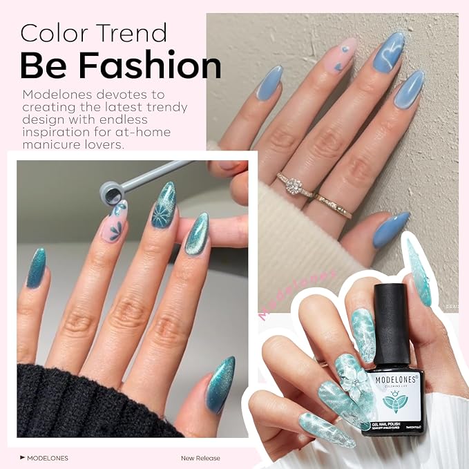modelones Cat Eye Gel Nail Polish Set, 6 Colors Light Baby Blue Green 9D Cat - Image 3