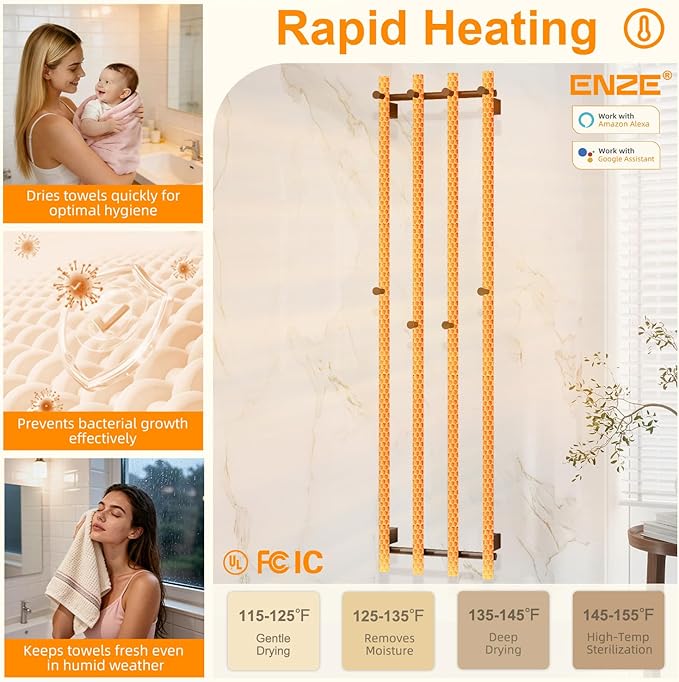ENZE Smart Heated Towel Rack, Wall Mounted Electric Towel Warmer 300W - Image 3