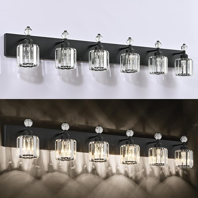 PRESDE 6-Light Crystal Bathroom Lights Fixtures Modern Matte Black Bathroom - Image 5