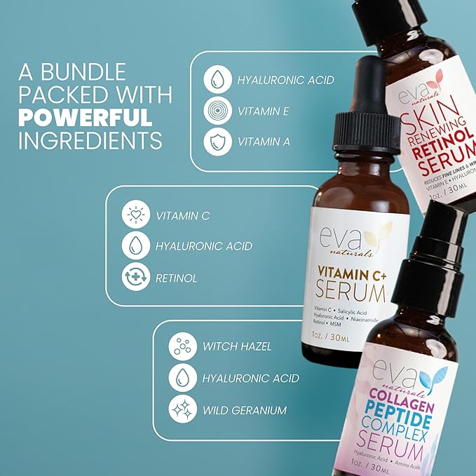 Eva Naturals Trifecta Face Serum Set – Retinol, Vitamin C & Peptides - Image 4