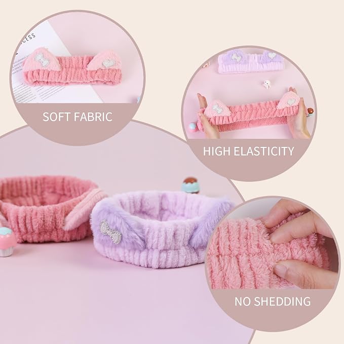 Spa Headband for Washing Face, 2 Pack Cute Cat Ear Hair Band for Shower Yoga - Image 4