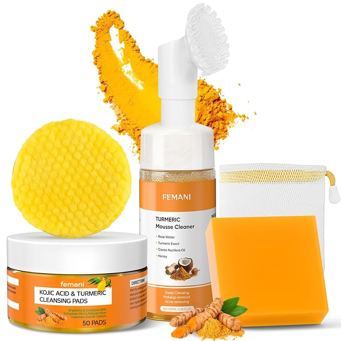 Turmeric Cleansing Pads 50 Pcs+Tumeric Soap Bar+Tumeric Face Wash by femani