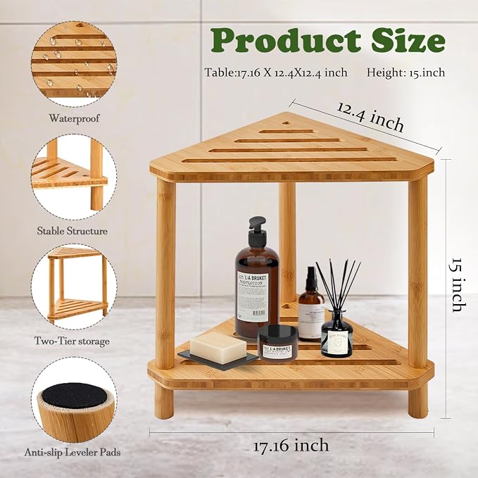 Bamboo Corner Shower Stool, 2-Tier Waterproof Shower Stool - Image 3