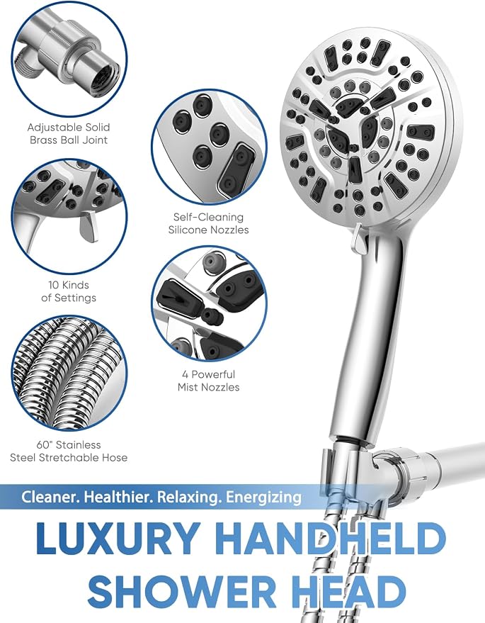 Pavezo® High Pressure Shower Head Handheld 5" Large, Extra Long 60" SS Hose - Image 8
