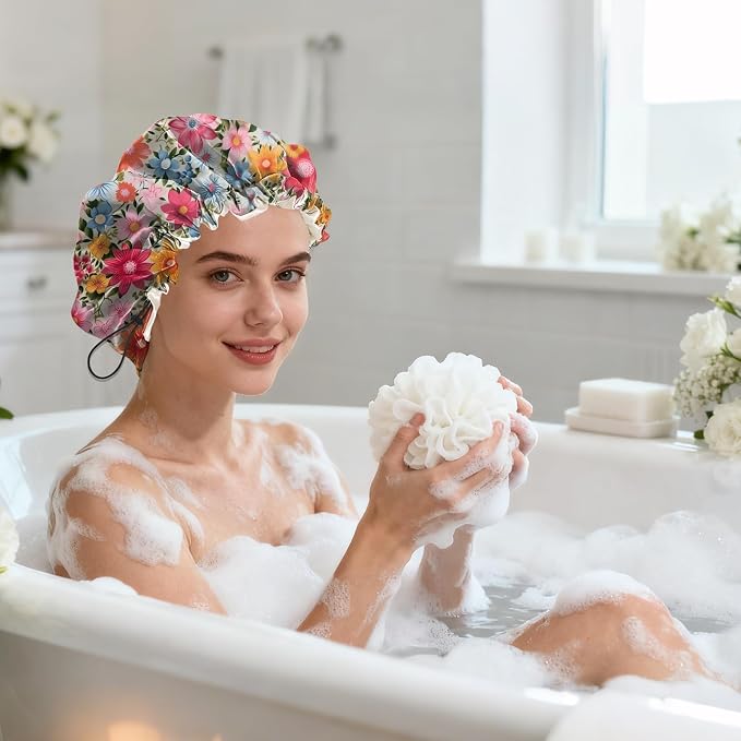 Shower Cap Reusable Double Layer Adjustable Elastic Waterproof EVA Hair Bath - Image 7