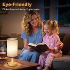 Gray Small Bedside Table Lamp for Bedroom, Natural Round Wood Base&Fabric Linen - Image 3
