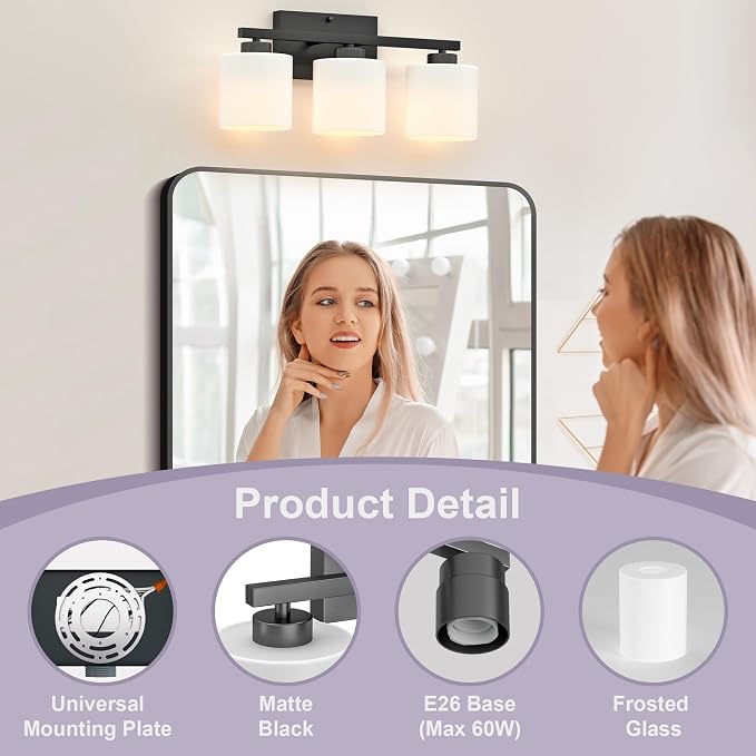 Honesorn Bathroom Light Fixtures Black, 3-Light Bathroom Vanity Light Over - Image 2