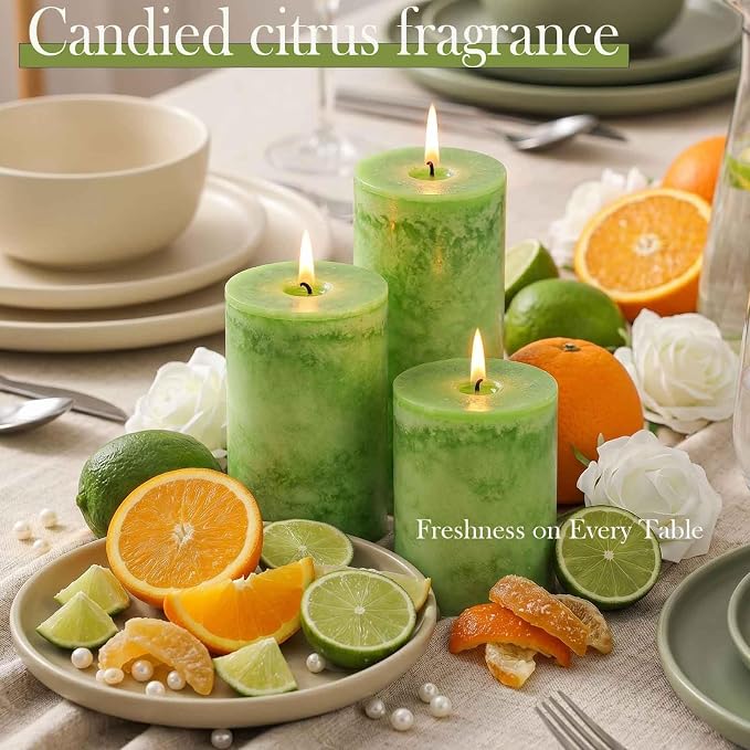 4 Pack Candied Citrus Scented Pillar Candles, Natural Essential Oils, 60H Long - Image 2