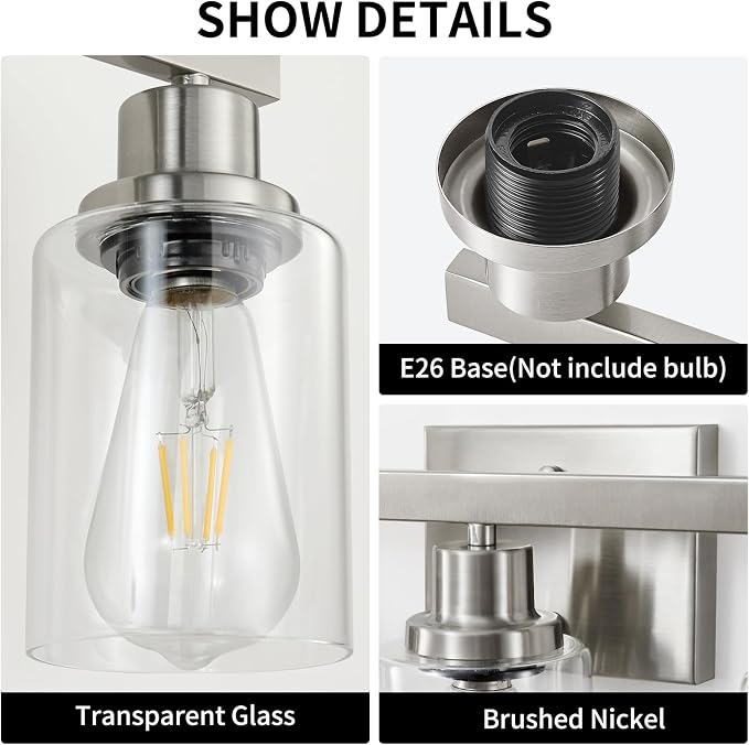 3-Light Bathroom Light Fixtures, Nickel Bathroom Vanity Light - Image 4