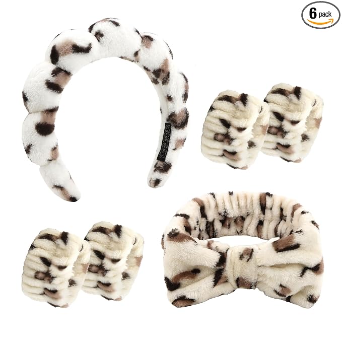 Beige Leopard Spa Headband and Wristband Set, Soft Elastic Face Washing by TIOSRU