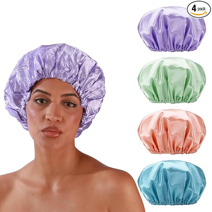 Smilco 4 Pack Shower Caps for Women, Reusable Waterproof Double Layer Bath Cap by Smilco