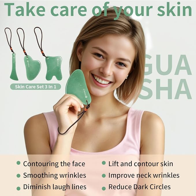Gua Sha Tools 3 Pcs Natural Jade Gwashah Stone Instead of Stainless Steel Gua - Image 2