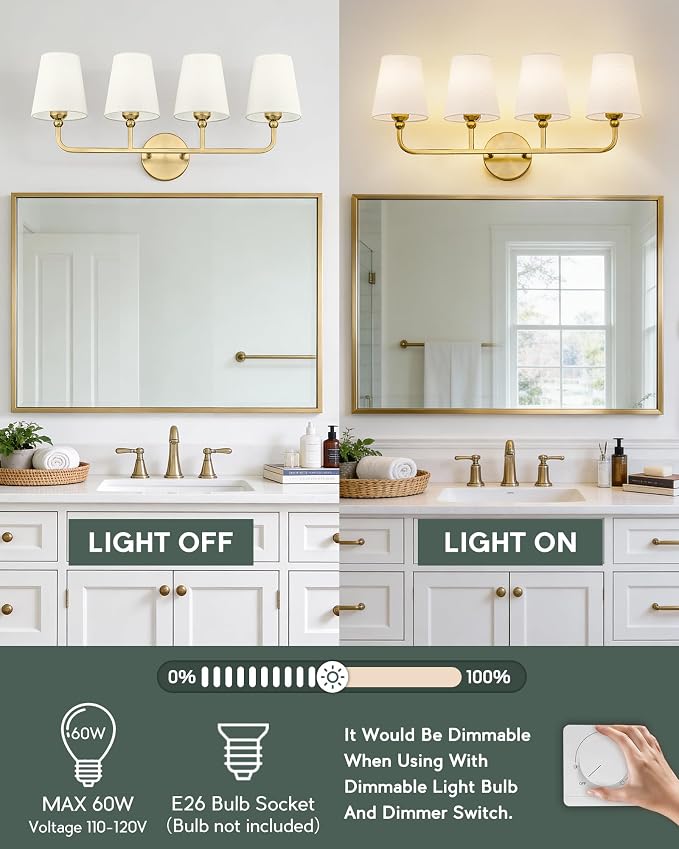 4-Light Bathroom Light Fixtures, Brushed Gold Vanity Lights - Image 7