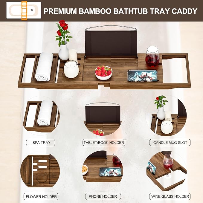 Premium Teak Bathtub Tray Caddy, Wooden Bath Caddy Trays - Image 3