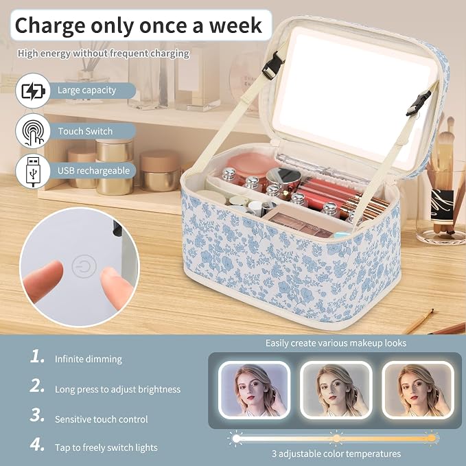 OCHEAL Makeup Bag With LED Mirror, Travel Makeup Bag With 3 Color Setting Light - Image 4