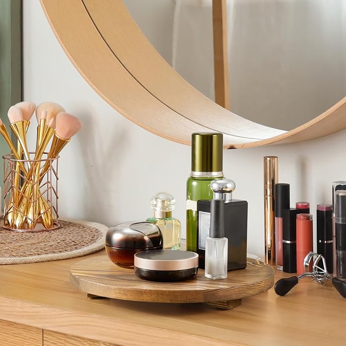 Round Decorative Tray Burnt Wood Bathroom Counter Organizer Pedestal Stand - Image 3