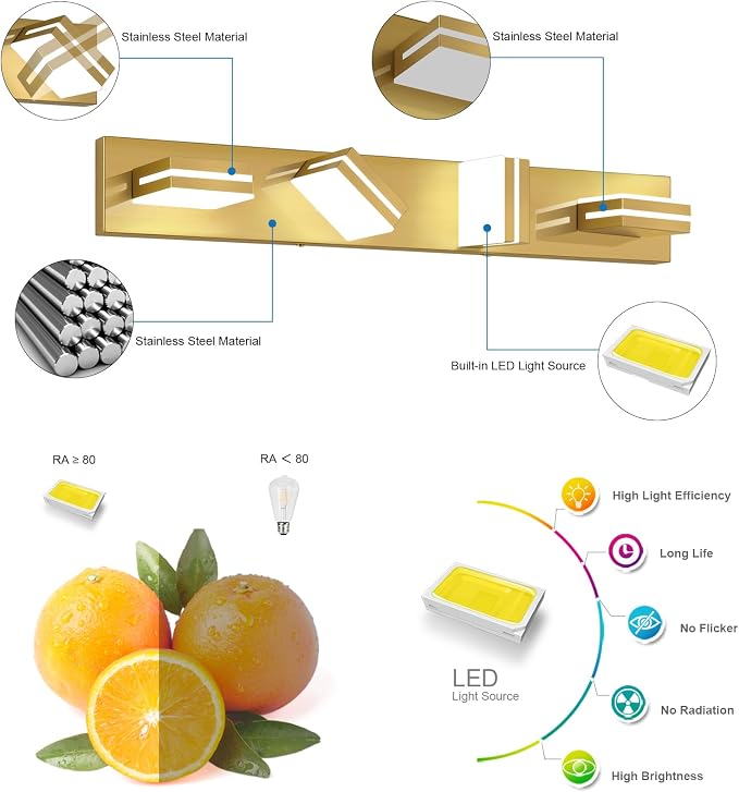 SineRise LED Modern Bathroom Vanity Light Fixtures, Brass Modern Acrylic - Image 2