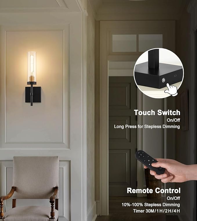 Wireless Wall Sconces with Remote Control, Battery Operated Wall Sconce Set of 2 - Image 3