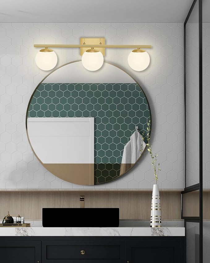 Brushed Brass Bathroom Vanity Light fixtures, 24‘’ 3 Lights Modern Globe Glass - Image 7