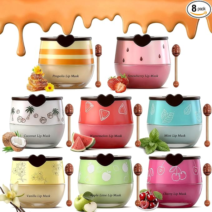 8PCS Bee Lip Balm Pot, Fruit Moisturizing Propolis Lip Mask, Lip Mask Overnight by Charm+Kiss