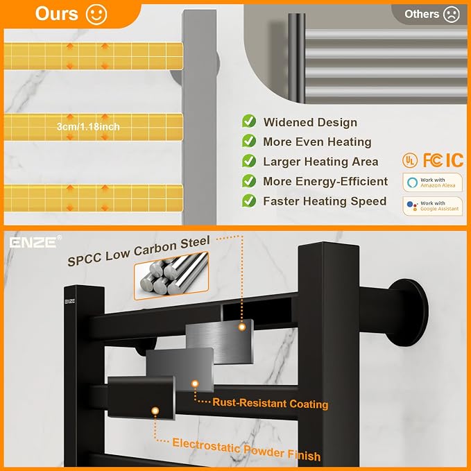ENZE Smart Heated Towel Rack, 9-Bar Wall-Mounted Electric Towel Warmer 230W - Image 6
