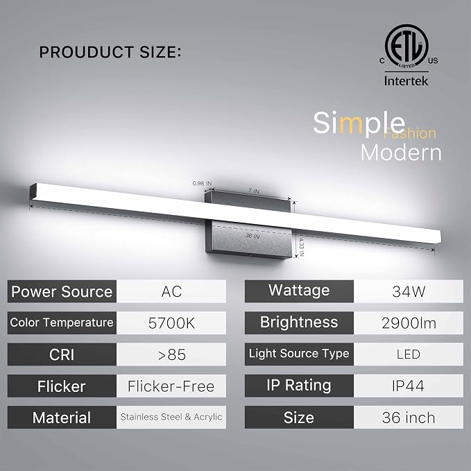 36Inch LED Bathroom Vanity Light Bar 5700K Dimmable Led Bathroom Light Over - Image 2