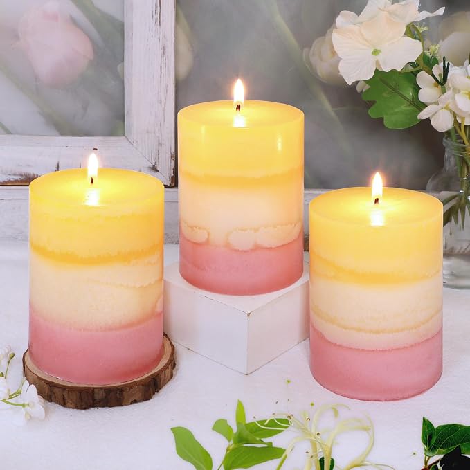 Sweet Scented Candles 3x4 Inch Pillar Candle Honeysuckle Scented Layered Yellow - Image 6