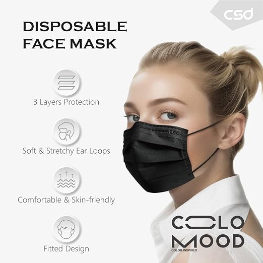 CSD Colo 30 Pcs Black Disposable Face Masks, 3 Ply Adult Mask - Image 3