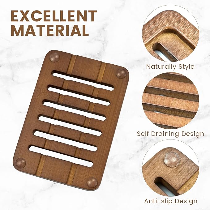 2PCS Self Draining Soap Holders, Rustic Slotted Bamboo Dish Tray, Easy Cleaning - Image 3