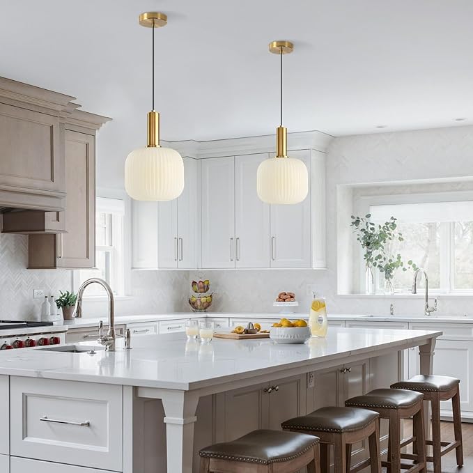 KCO Lighting Milk Glass Pendant Light White Ribbed Glass Pendant Lighting - Image 5