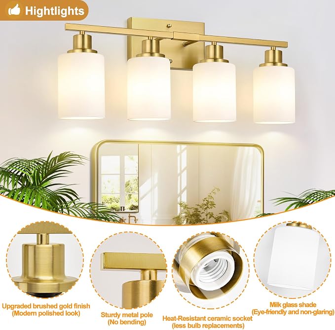 Indoi 4-Light Bathroom Light Fixtures, Brushed Gold Vanity Lights - Image 4