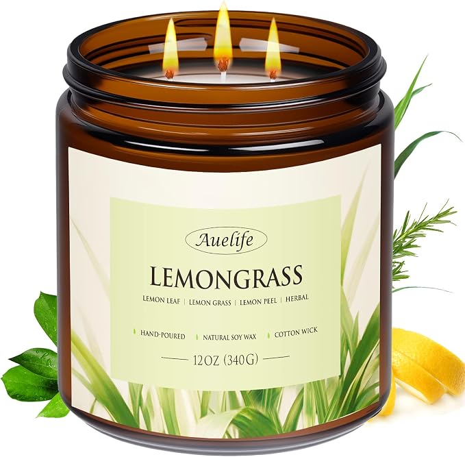 Lemongrass Scented Candle | 3-Wick Jar Candle - 12oz Natural Soy Wax - by Auelife