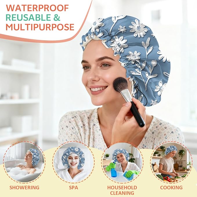 Shower Cap Reusable Double Layer Adjustable Elastic Waterproof EVA Hair Bath - Image 6