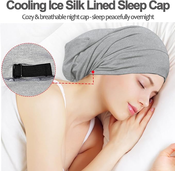 Sleep Cap Bonnet for Sleeping, Adjustable Cooling Ice Silk Lined Hair Bonnets - Image 2