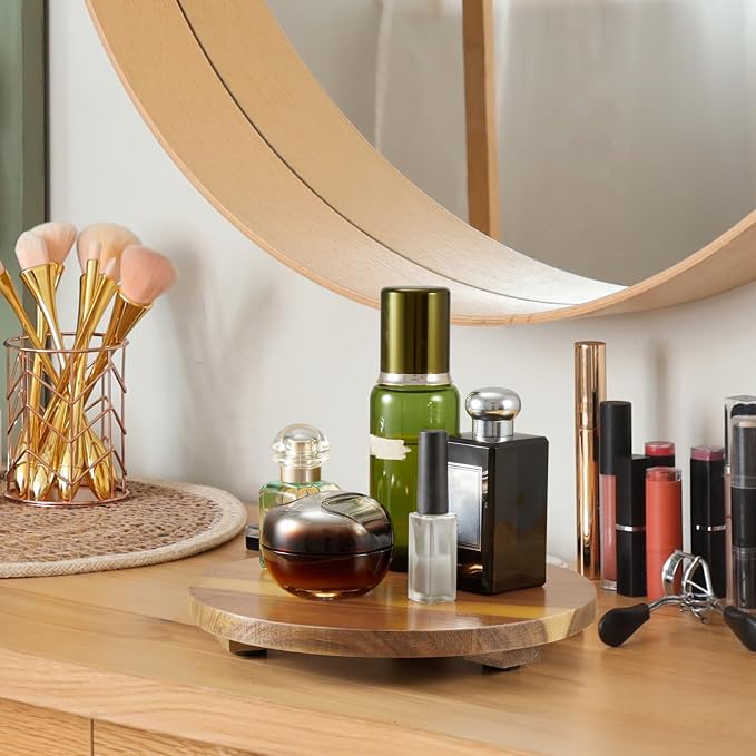 Small Round Decorative Tray Acacia Wood Bathroom Counter Organizer Pedestal - Image 5