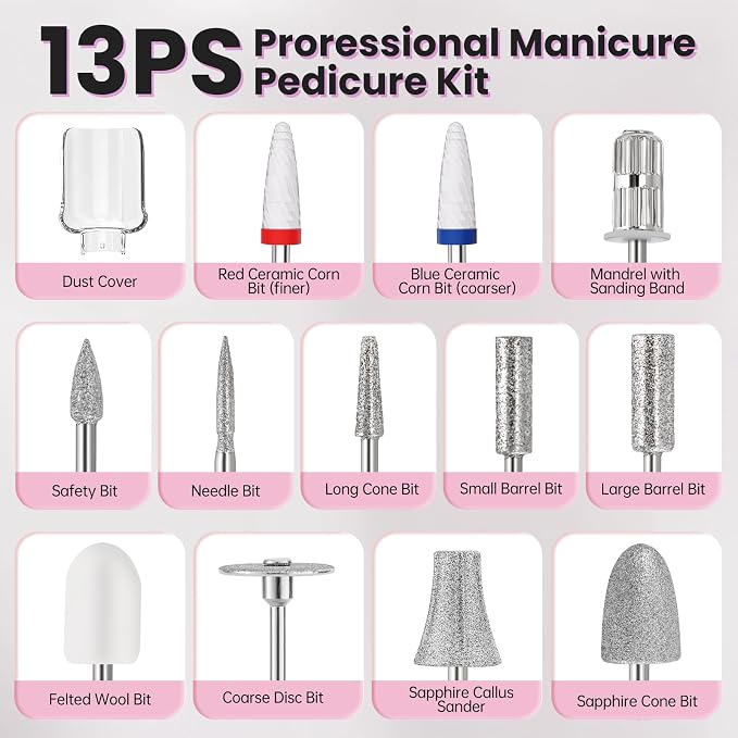 Electric Nail Drill, Cordless 2000 mAh Rechargeable Portable Nail File 12 in 1 - Image 5